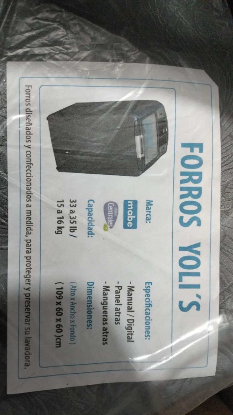 FORRO GRIS MANUAL-DIGITAL PANEL Y MANGUERAS ATRÁS 33-35LB 15-16KG (109X60X60) CM LAVADORA MABE CENTRALES CKD91783 