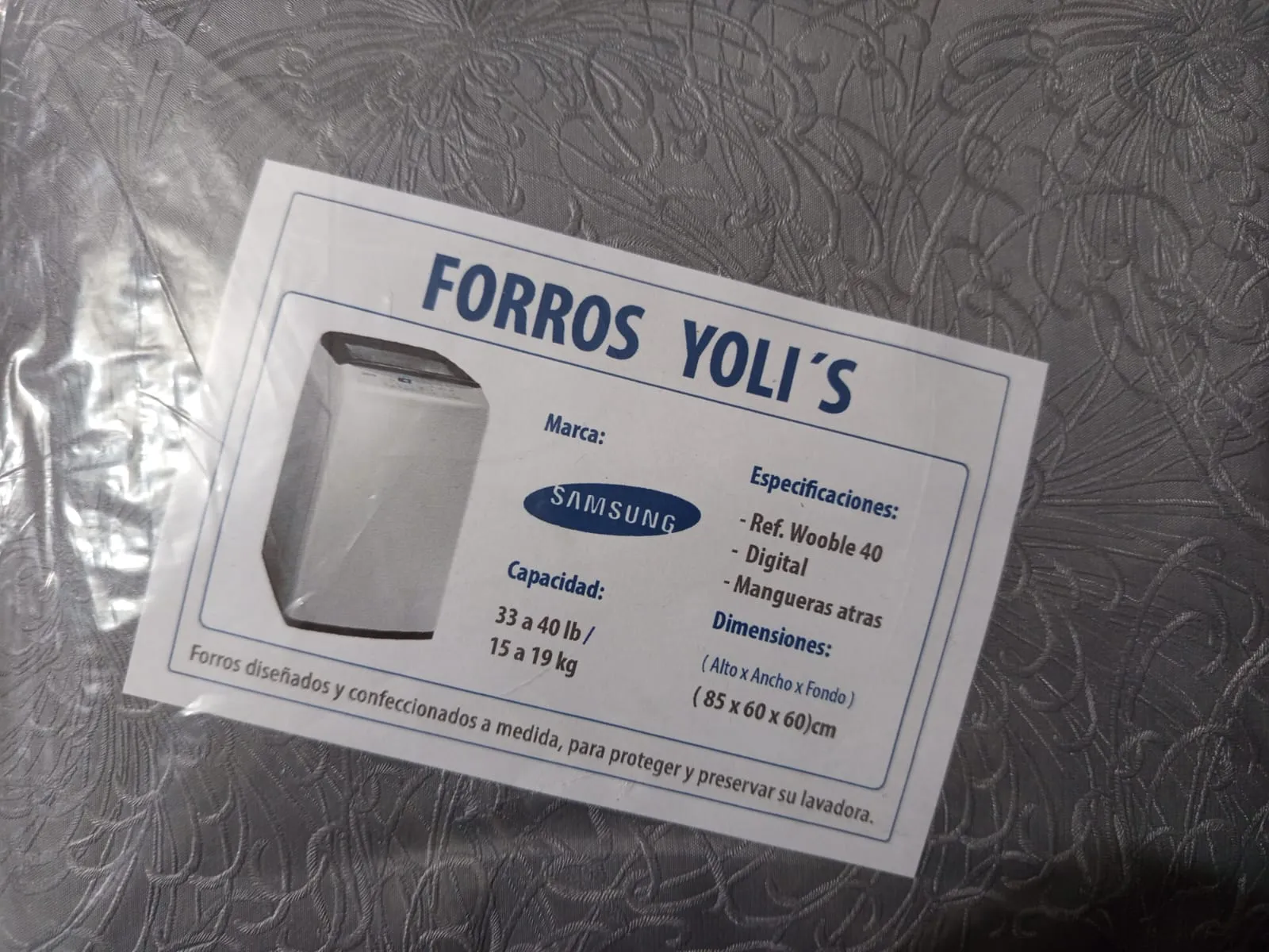 FORRO GRIS WOOBLE 40 DIGITAL MANGUERA ATRAS 33-40LB 15-19KG (85X60X60) CM LAVADORA SAMSUNG CKD91755 